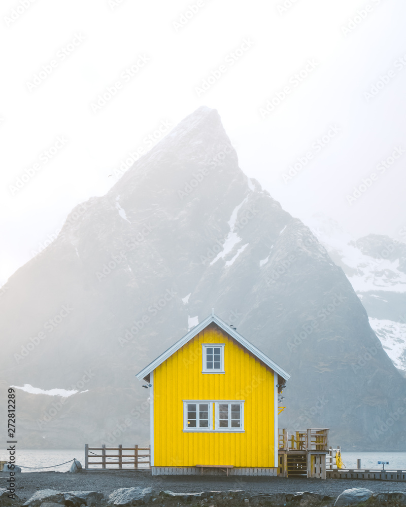 Yellow cabin in Sakrisoy village in Lofoten