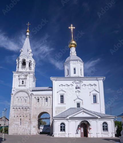 Ancient staircase tower and the Church of the Nativity of the Blessed Virgin, St. Bogolyubovo monastery in the village of Bogolyubovo, Vladimir, Russia