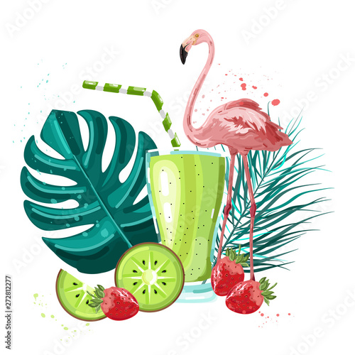 Summer tropic flamingo and fruits smoothie Vector. Summer icon template. Palm...
