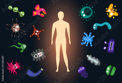 Immune protection system. Body reflect germ bacteria and viruse infection attack. Vector illustration on black background