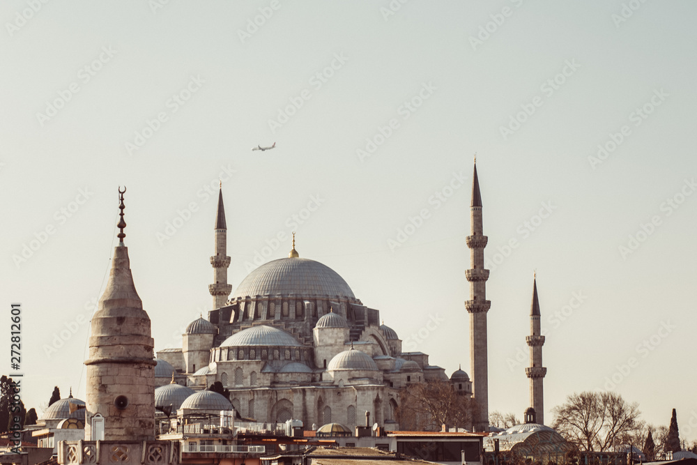 Fototapeta premium The roof of the Grand Bazaar, Suleymaniye Mosque in Istanbul, Turkey. View of the mosque with minarets. Istanbul panorama