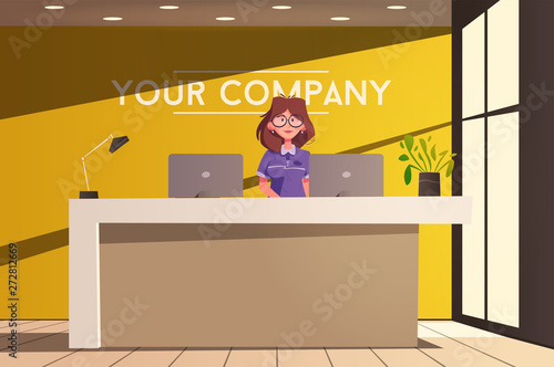 Reception desk. Hotel receptionist character. Cartoon vector illustration.