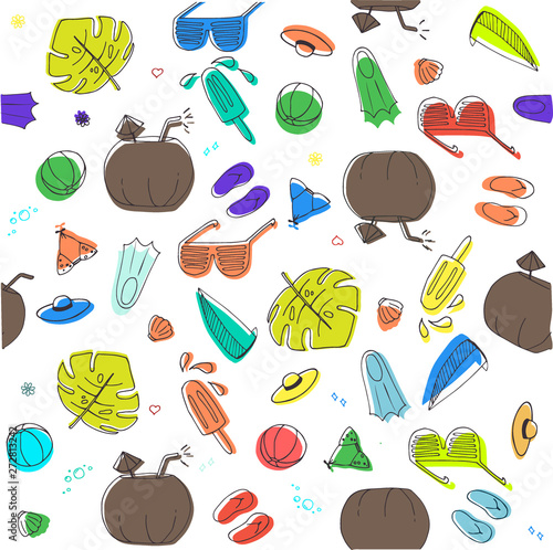 Colorful seamless summer pattern with hand drawn beach elements: sunglasses, flip flops,  ice cream, coconut, cocktail, ball, hat, flippers, Monstera leaves. Fashion print design, vector illustration