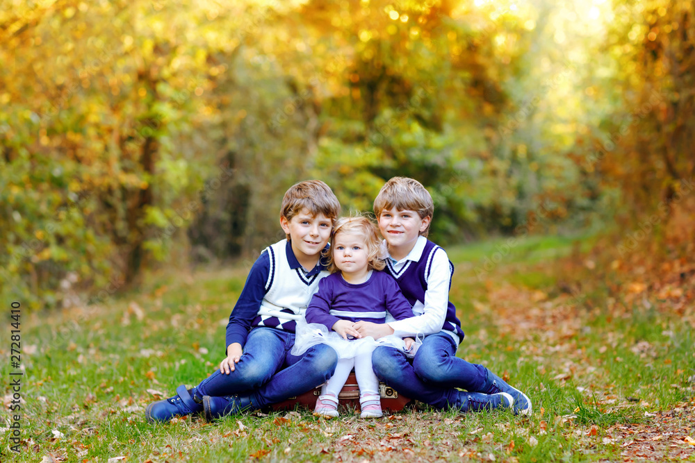 Portrait of three siblings children. Two kids brothers boys and little cute toddler sister girl having fun together in autumn forest. Happy healthy family playing, walking, active leisure on nature Portrait of three siblings children. Two kids brothers boys and little cute toddler sister girl having fun together in autumn forest. Happy healthy family playing, walking, active leisure on nature