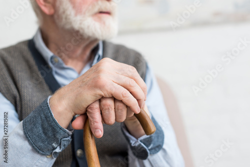 Cropped view of elderly man with walking stick in hands