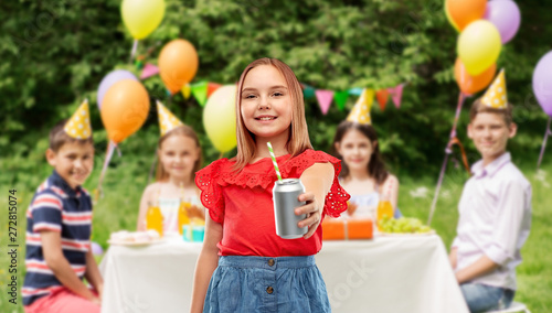 Sticker drinks and people concept - smiling preteen girl drinking soda from can with pap