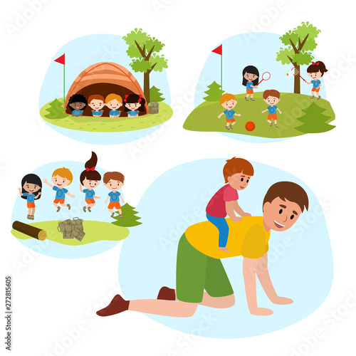 Family Summer camping flat vector illustration.Father piggyback riding a son, children playing tennis and football in park, girls and boys jumping, kids sitting in tent .