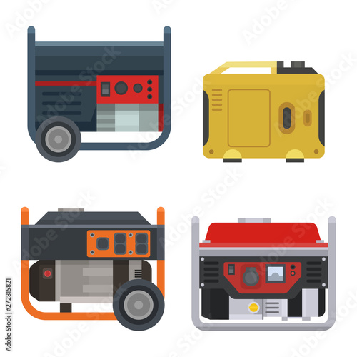 Generator vector power generating portable gasoline petrol fuel energy industrial electrical engine equipment illustration set of diesel industry isolated on white background