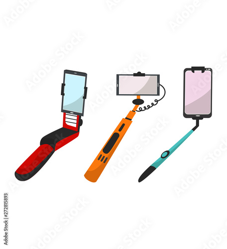 Selfie stick vector monopod with smartphone making photography self-portrait illustration set of modern phone-stick and selfie-monopod design isolated on white background