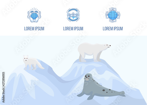Alaska and north pole vector landing page template. Web banner with blue icons and cartoon pole bear, pole fox and furseal . Flat illustration of arctic nature and fauna. photo