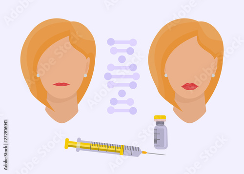 Woman makes procedure of beauty injection for lip augmentation. Lips before and after hyaluronic acid lip filler injection. Anti age vector illustration.