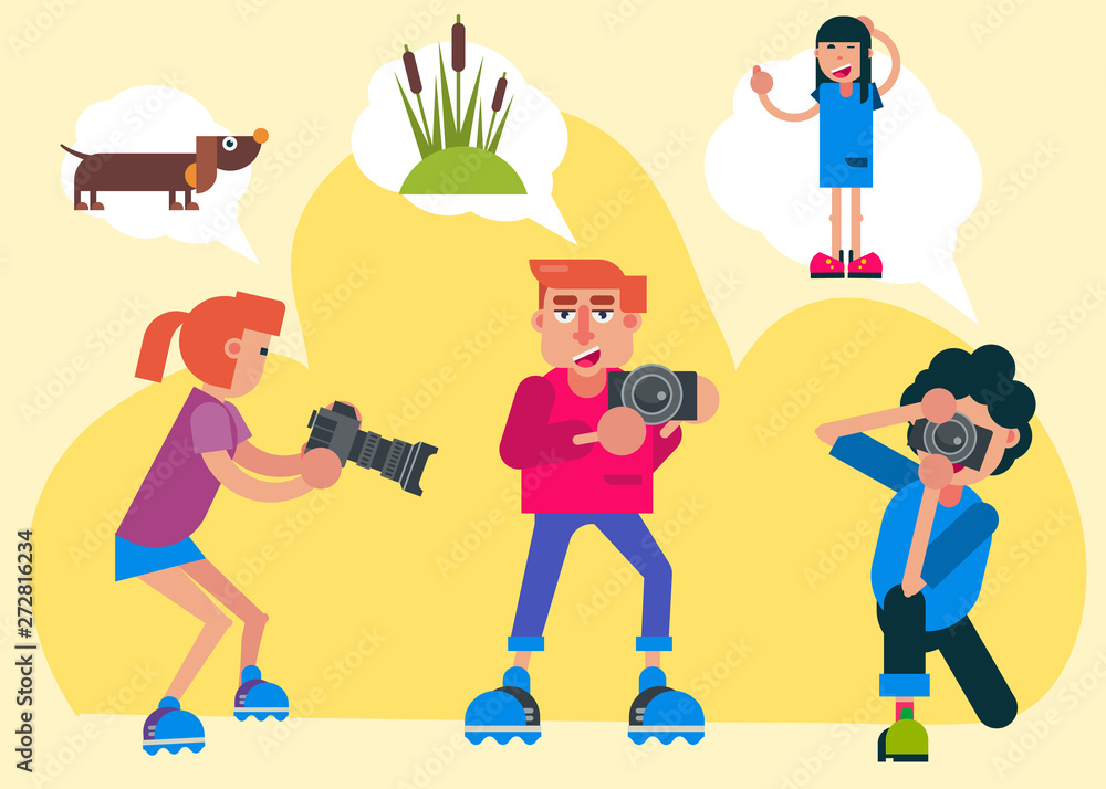 Proffecional photographer vector cartoon people holding camera to take a photography of sedge, posing girl and a dog. Photo concept for poster. Photo tools and equipment.