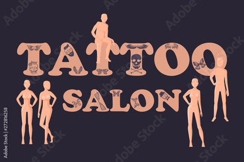 Vector vintage tattoo studio logo template on black background. Cool retro styled vector emblem. Tattoo studio sign with man and woman body manikins.