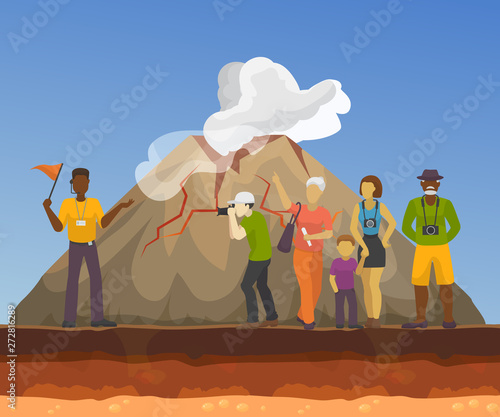 Tour vacation with guide, vector cartoon illustration of smoking vulcan, a group of tourists listening to the history of the volcano and making photo pictures in the journey.
