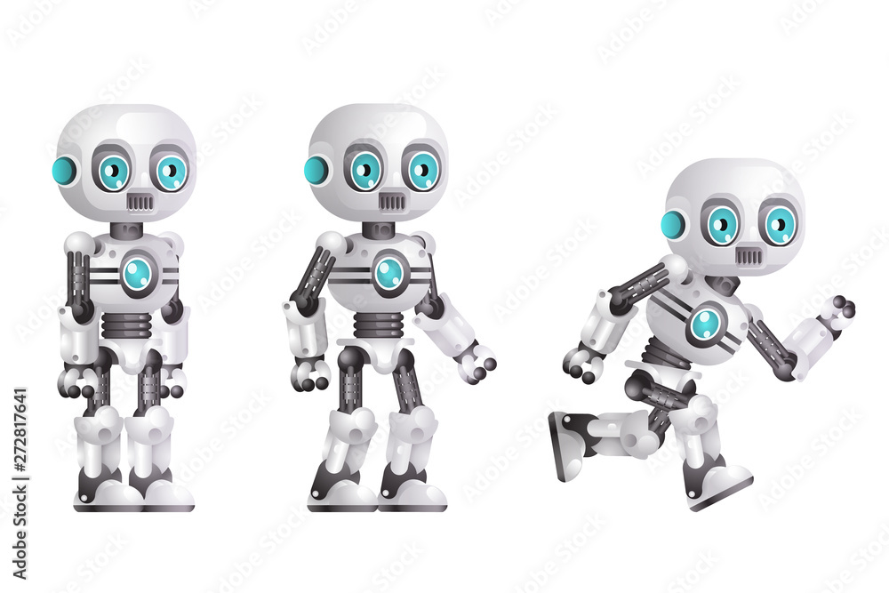 little cute modern android run stand robot character artificial intelligence isolated on background 3d realistic design icon vector illustration Stock Vector Stock
