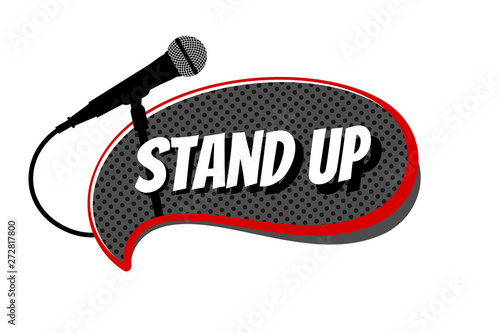 Stand up comedy night live show symbol mic. Microphone silhouette with inscription on black comic bubble. Vector illustration