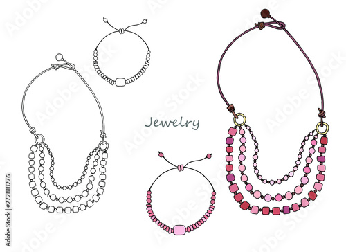 Set of ethnic jewelry made of pink stone (rose quartz). Necklace and bracelet. Picture in color and black and white graphics.