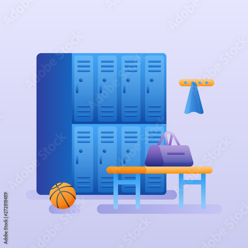 Gym locker or changing room interior. Fitness club dressing room vector illustration.