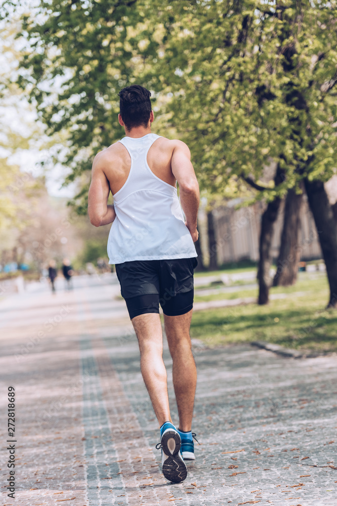 back view of young sportsman running along wide alley in park back view of young sportsman running along wide alley in park