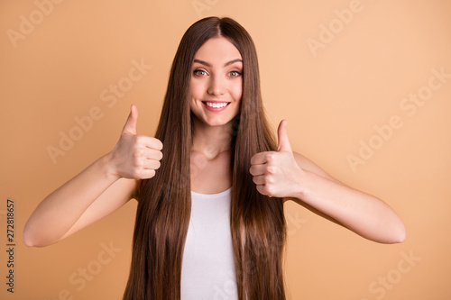 Photography Portrait of charming nice prety cute lady have ads adverts choice procedure feel