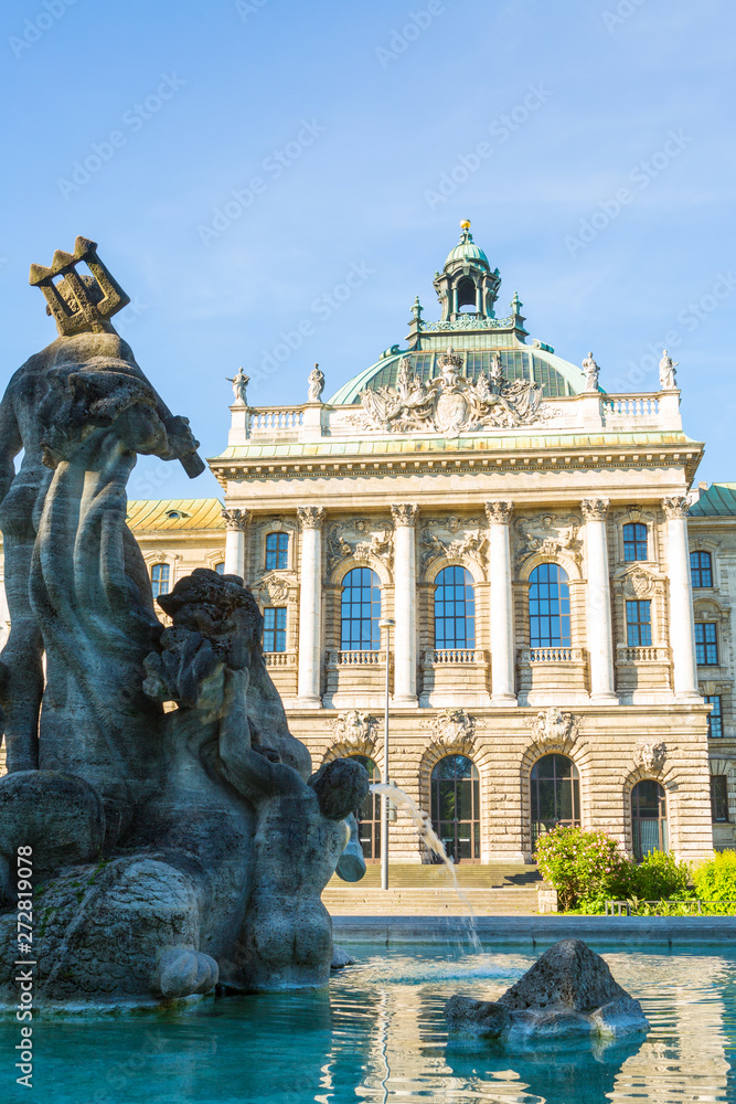 Ministry of Justice of Bavaria Building with Neptunbrunnen fountain in Munich