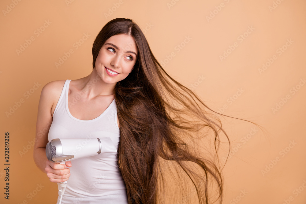 Portrait cute charming nice pretty lovely cunning youth millennial look feel content rejoice wait party birthday visit bodycare body care professional wear white top singlet isolated beige background Portrait cute charming nice pretty lovely cunning youth millennial look feel content rejoice wait party birthday visit bodycare body care professional wear white top singlet isolated beige background