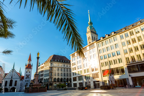Marienlatz in Munich Bavaria Germany very early in the morning. Brands edited out