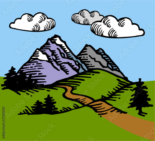 mountain landscape with forest, rocks and sky with clouds, color clipart