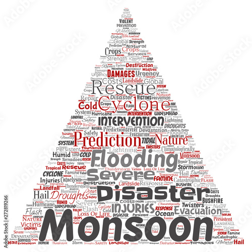 Vector conceptual monsoon dangerous weather triangle arrow meteorology word cloud isolated background. Collage of tropical dramatic storm force, strong wind blowing, rain hail thunderstorm concept