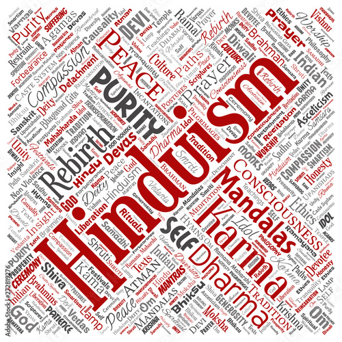 Vector conceptual hinduism, shiva, rama, yoga square red word cloud isolated background. Collage of mandalas, samsara, celebration, tradition, peace, compassion, rebirth, karma, dharma concept