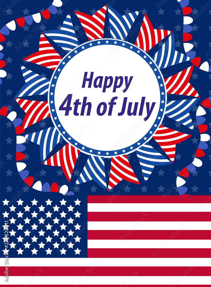 Obraz premium Happy 4th july greeting card, poster. American Independence Day template for your design. Vector illustration
