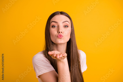 Close up photo charming pretty lady youngster people person send air kiss attract boys men boyfriends want valentine day 14-february gesture modern light-colored outfit isolated vibrant background