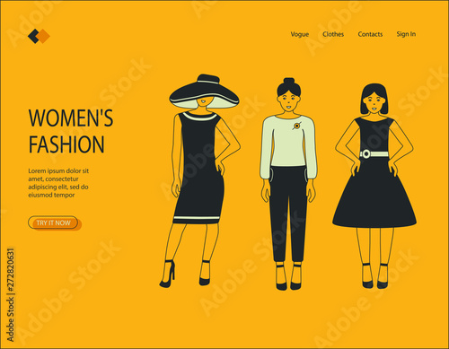 A flat image on a yellow background girls. Visualization of women's fashion, three models for different events, glamorous image, office, ballroom. Vector illustration.
