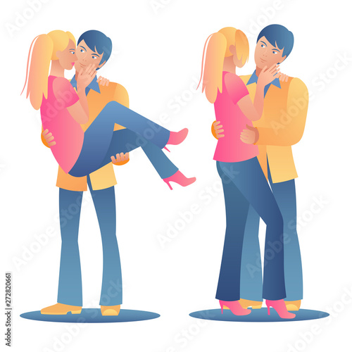 Set couple positions a man and a woman in love are worth a hug. The guy and the romantic girl on a white background. Hug, hold on hands, tenderness and youth. Gradient flat color vector illustration