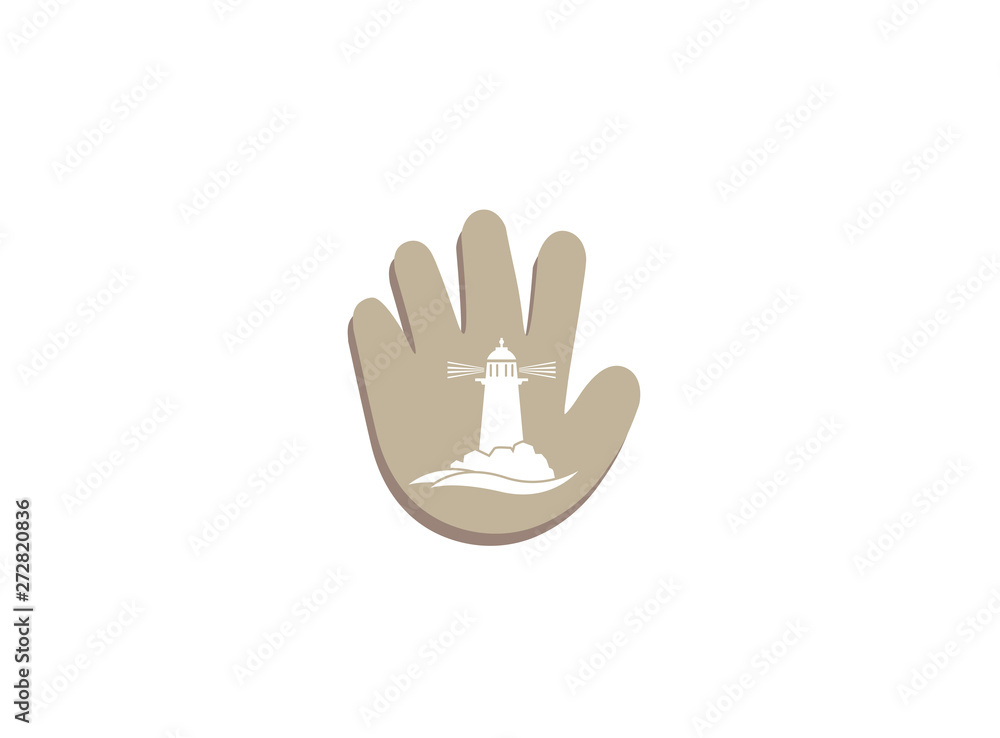 Obraz premium Lighthouse on the island of the middle of the sea for logo design illustration, beacon in a hand shape service icon