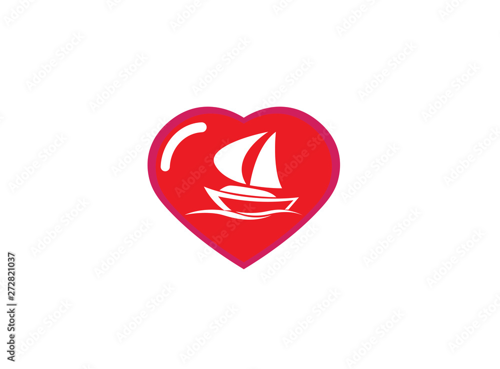 Yacht sailing in the sea for logo design illustration in a heart shape love icon Yacht sailing in the sea for logo design illustration in a heart shape love icon
