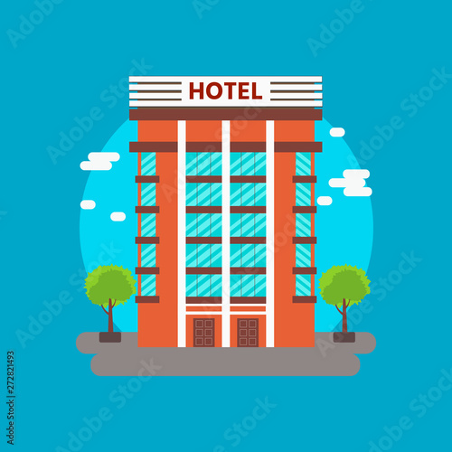 Hotel service, poster, banner. Cartoon modern skyscraper hotel building. Vector illustration of resort building on light blue background.