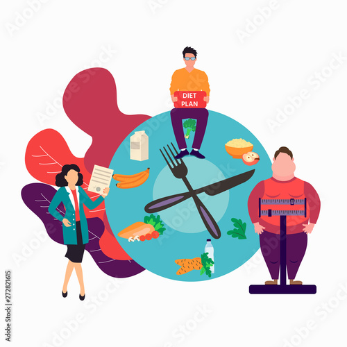 Fat obese man on scales and doctor showing obesity deseases.  Flat tiny persons concept diet chart. Obesity health problem. Overweight treatment concept.