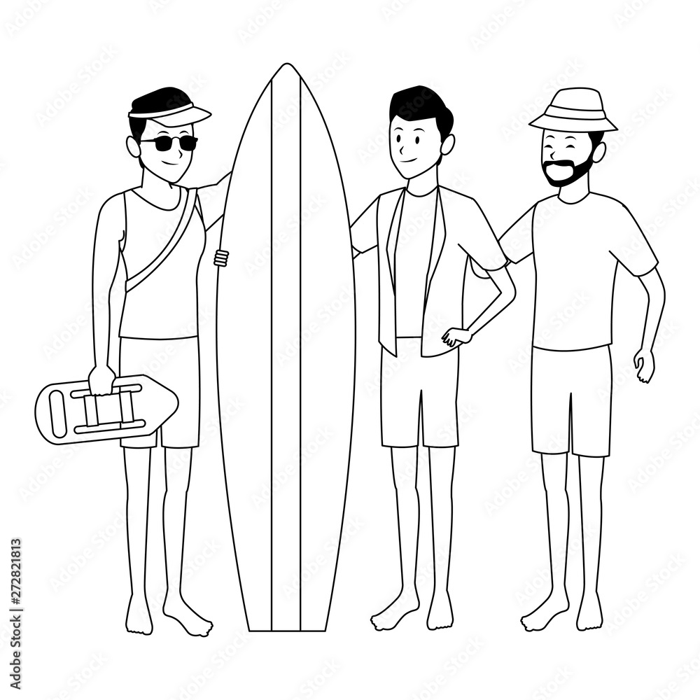 Friends with surf table summer cartoons in black and white