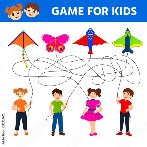 Developing game for kids. Task game - Find where is whose flying handle kite. Children funny riddle entertainment. Activity sheet