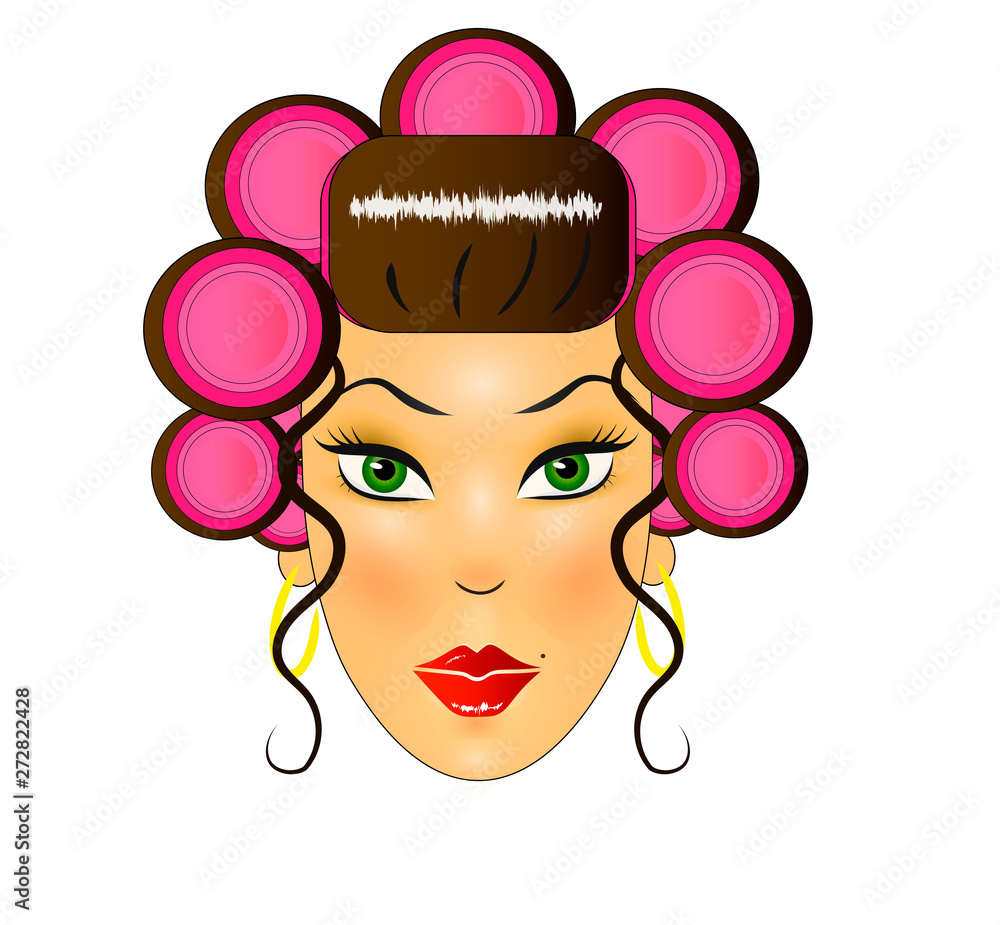 girl's face with bright make-up and curlers on her head girl's face with bright make-up and curlers on her head