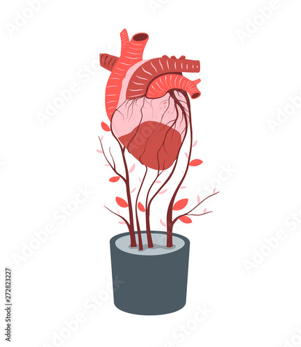 Artificial heart growing in flowerpot transplant or donor concept vector illustration