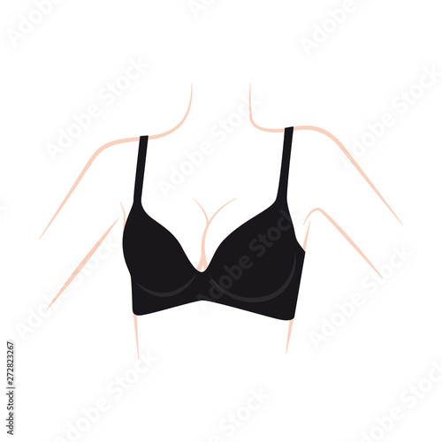Woman decollete with black bra open zipper. Female girl tits closeup.
