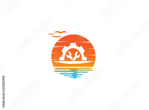 Mechanic gear tools in and pignion for logo design illustration, in a sunset shape sun icon