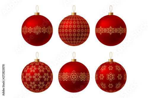 Set of red Christmas balls with gold ornament on a white background.