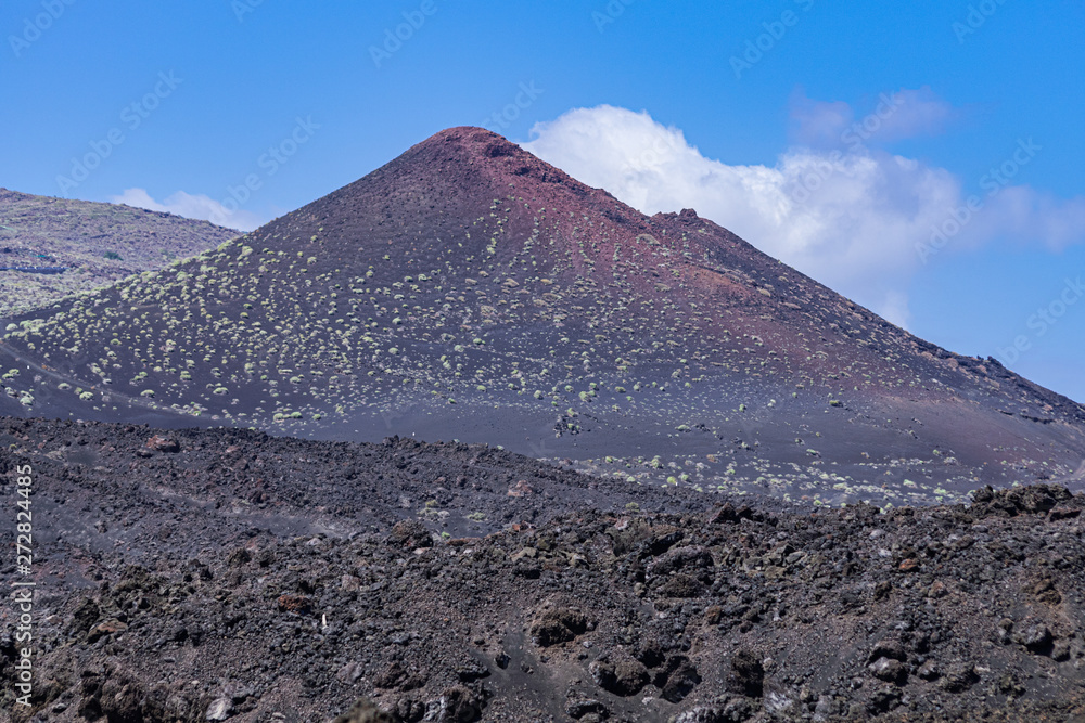 Teneguia volcano landscape, with blue sky and evening sunlight, Fuencaliente, La Palma, Canary islands, Spain