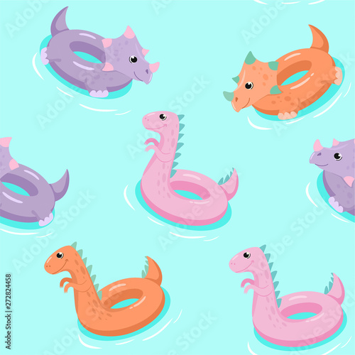 Inflatable dinosaur swimming pool floats pattern. Vector seamless texture.