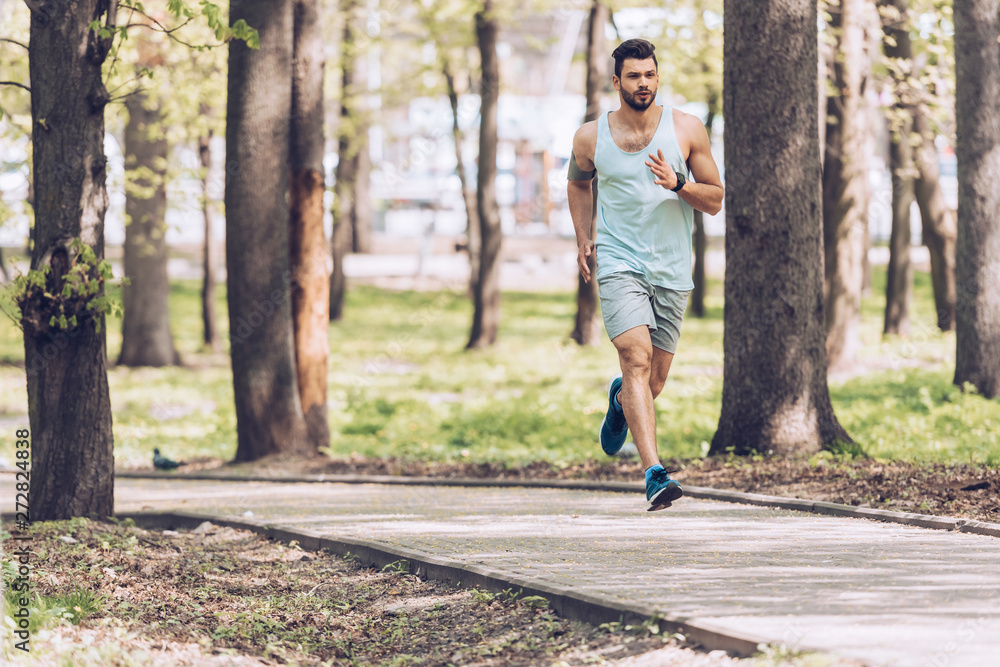 handsome man in sportswear running along walkway in sunny park handsome man in sportswear running along walkway in sunny park
