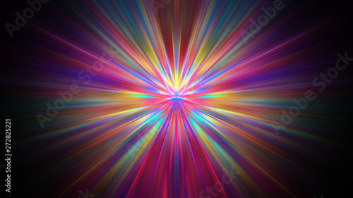 Bright rays of different colors shine from the center into the dark