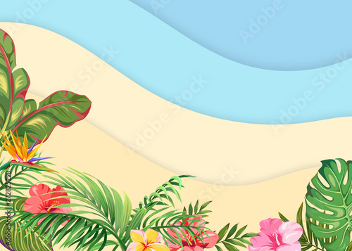 Background with tropical plants and beach imitation